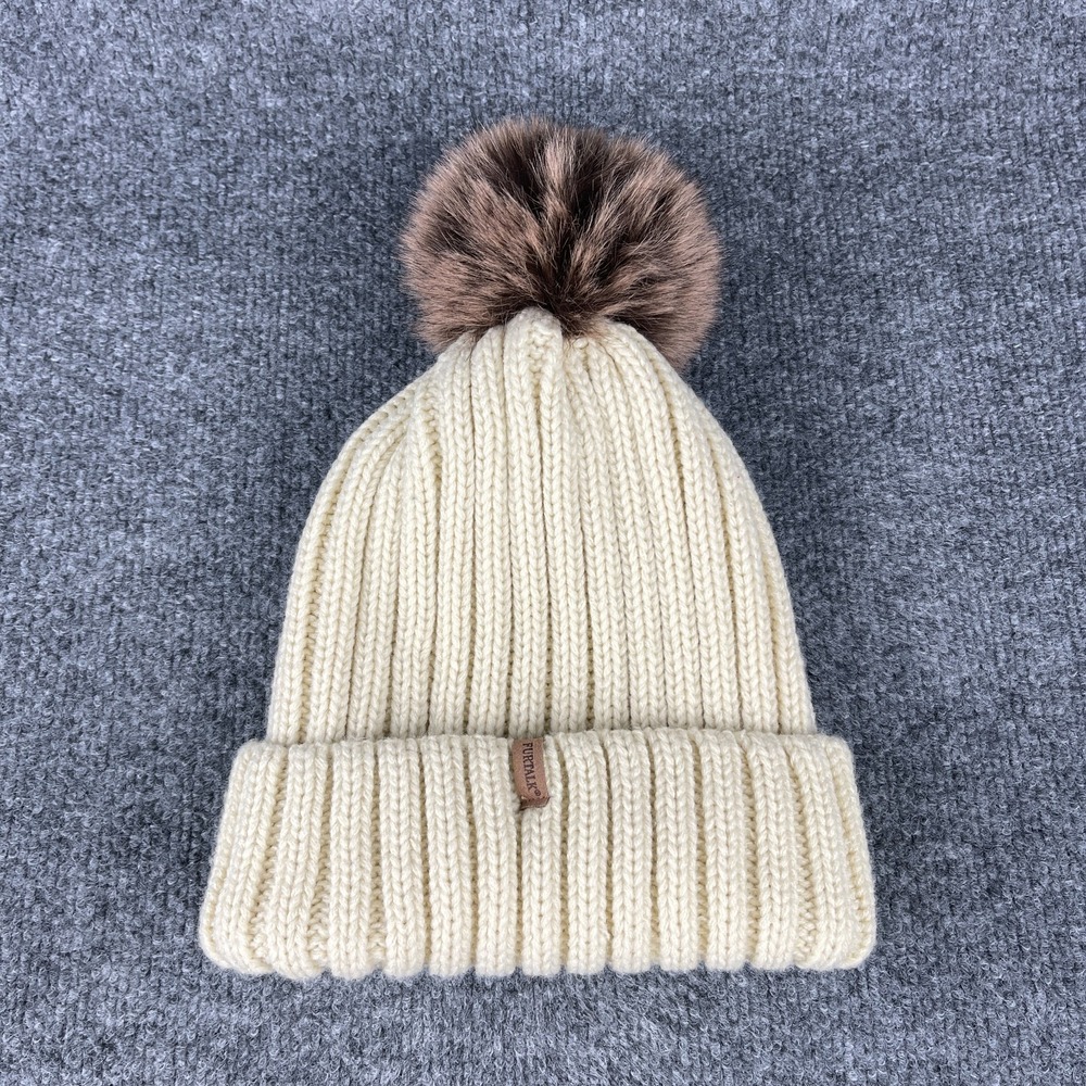 FURTALK Women's Ribbed Knit Beanie Hat Beige Removable Faux Fur Pom Satin Lined